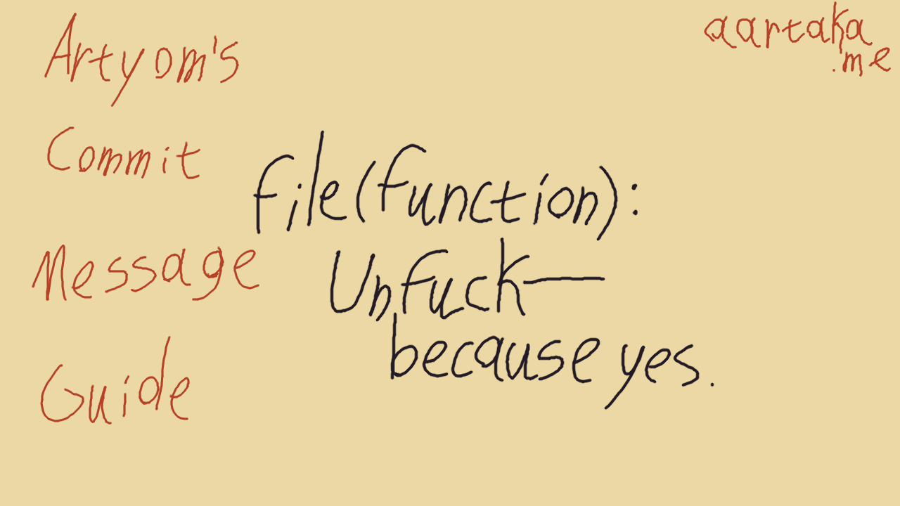 Warm colors thumbnail. On the left, ‘Artyom's Commit Messages Guide’ is written in dark orange. In the center, template ‘file(function): Unfuck—because yes.’ is written in contrasting black. In the upper right corner, ‘aartaka.me’ address is written in the same dark orange.