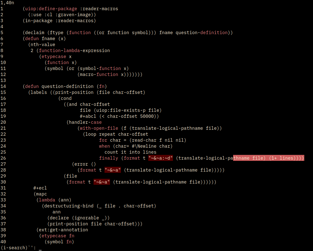 Screenshot of a terminal running aed on Lisp code and showing keywords like “etypecase” and “lambda” highlighted