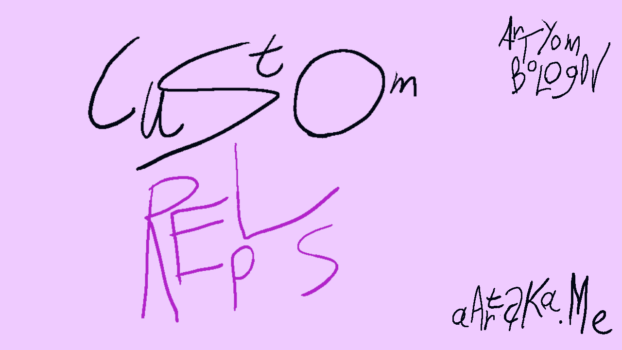 Soft lylac thumbnail. On it, “CuStOm REpLs” is written in wiggly and misplaced letters. In the corners, “ArTYom BoLOgOV” and “aArtAKa.Me” are written as attributions in the same style. All the text resembles graffiti more than something readable.