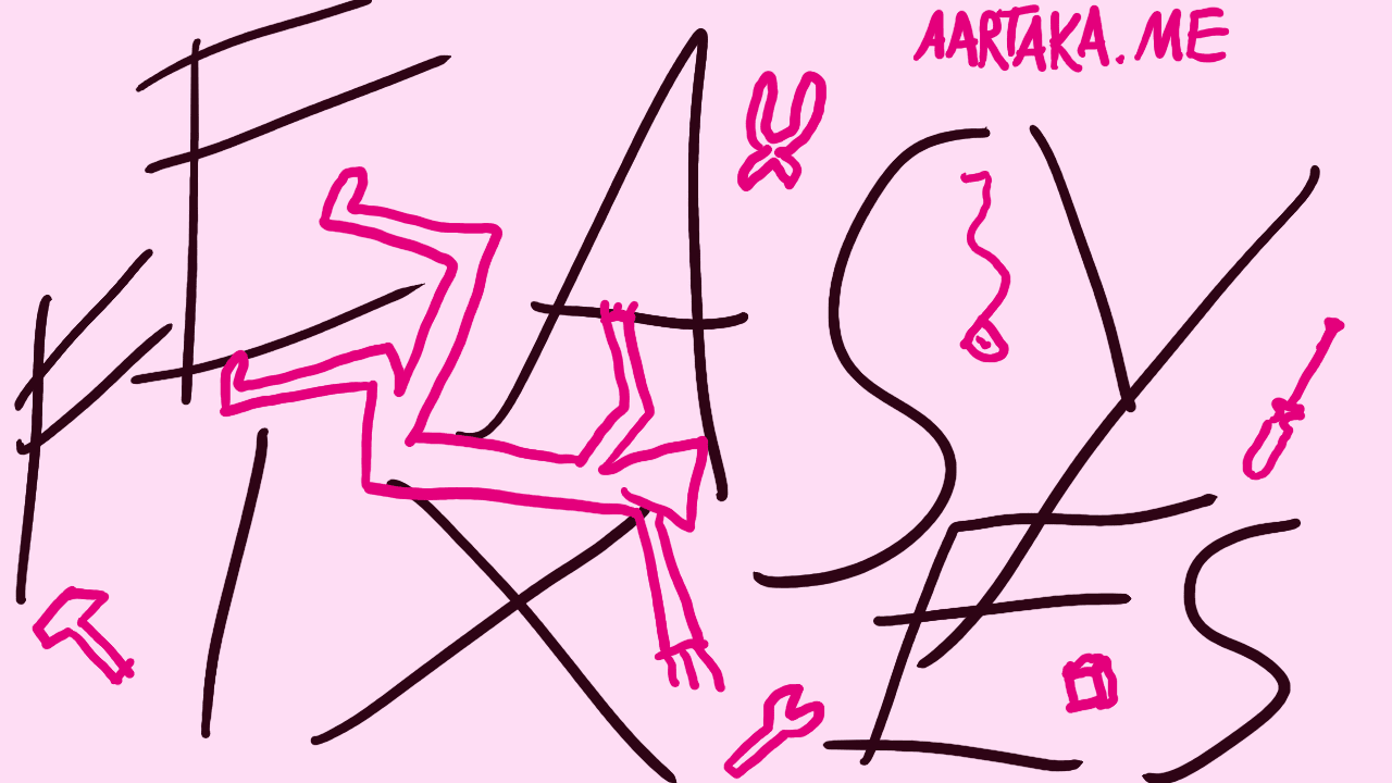 A huge “EASY FIXES” writing, with letters freely floating around.  In between them, a human is squeezing through, stretching a hand down.  Below, there’s a wrench floating, and it’s likely what the human is stretching for.  Around them, there are more instruments (construction ruler, screwdriver, pliers, hammer) floating,  and attributions to “ARTYOM” and “AARTAKA.ME”