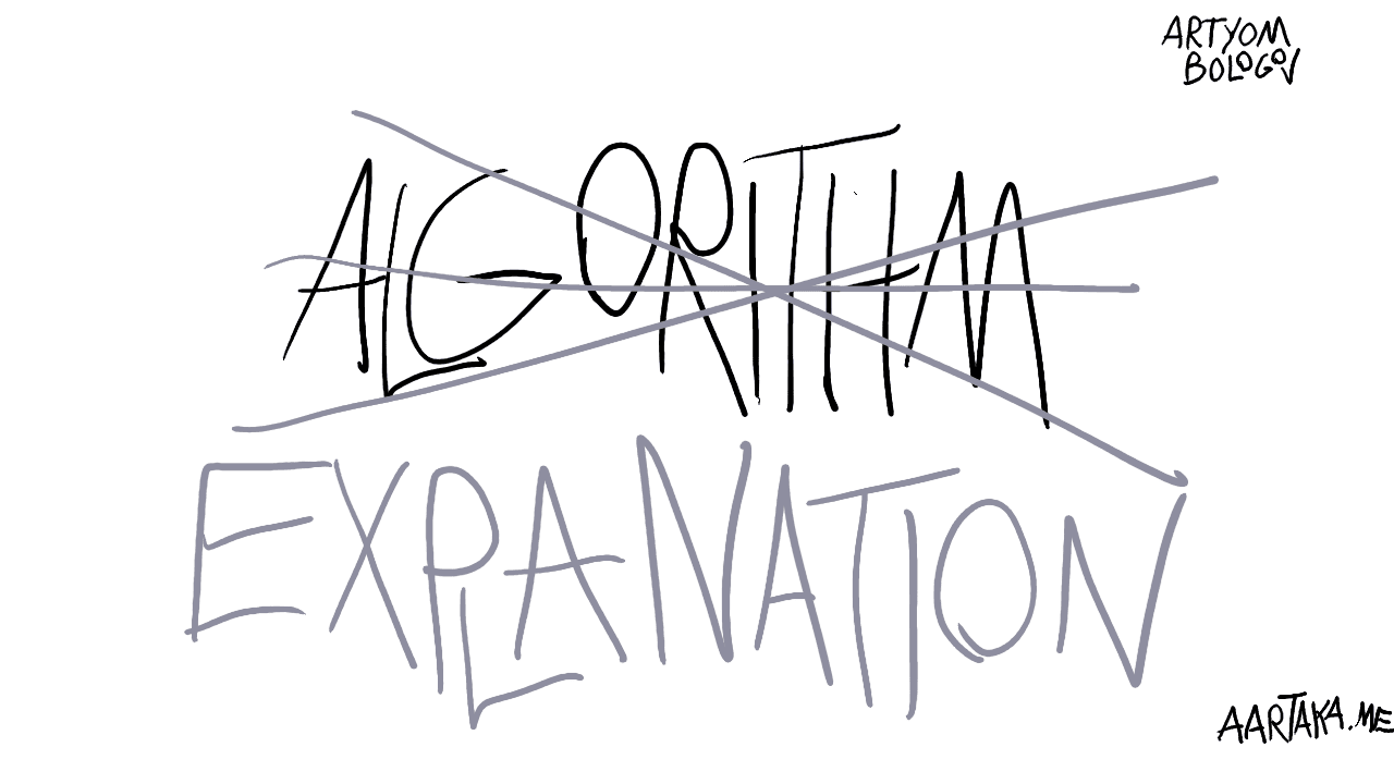An almost black-and-white thumbnail. On it, “ALGORITHM” is written in huge letters. It’s crossed out with three crossing lines, and below it, “EXPLANATION” is written in equally large letters. In the corners, there are attributions to “ARTYOM BOLOGOV” and “AARTAKA.ME”.