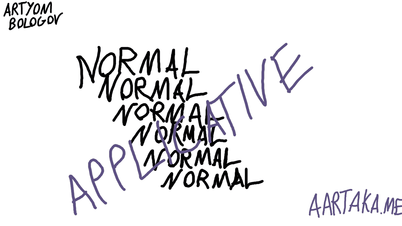 An almost monochrome jarring thumbnail. In the middle, a stack of “NORMAL” is going down. Even more capsed and highlighted “APPLICATIVE” runs, crossing them. In the corners, capsed “aartaka.me” (my website) and “Artyom Bologov” are added.