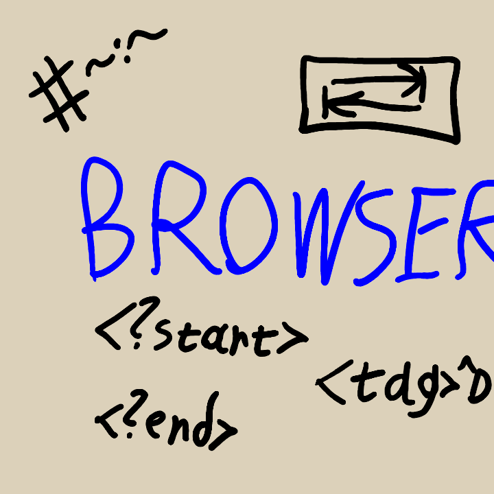 A light colors thumbnail with “BROWSER” in the middle. Around it, there float a Tab key, Text Fragment marker, Processing Instruction ?start, and an unclosed HTML tag.