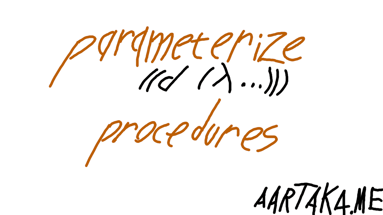 A jarring black-and-white poster.  On it, ‘parameterize’ and ‘procedures’ are written in dark orange pumpkin color.  Between them (below ‘parameterize’), there’s a set of parentheses and ‘d’,  hinting that a word ‘parameterized” results from these. There’s an all-caps ‘AARTAKA.ME’ in the corner.