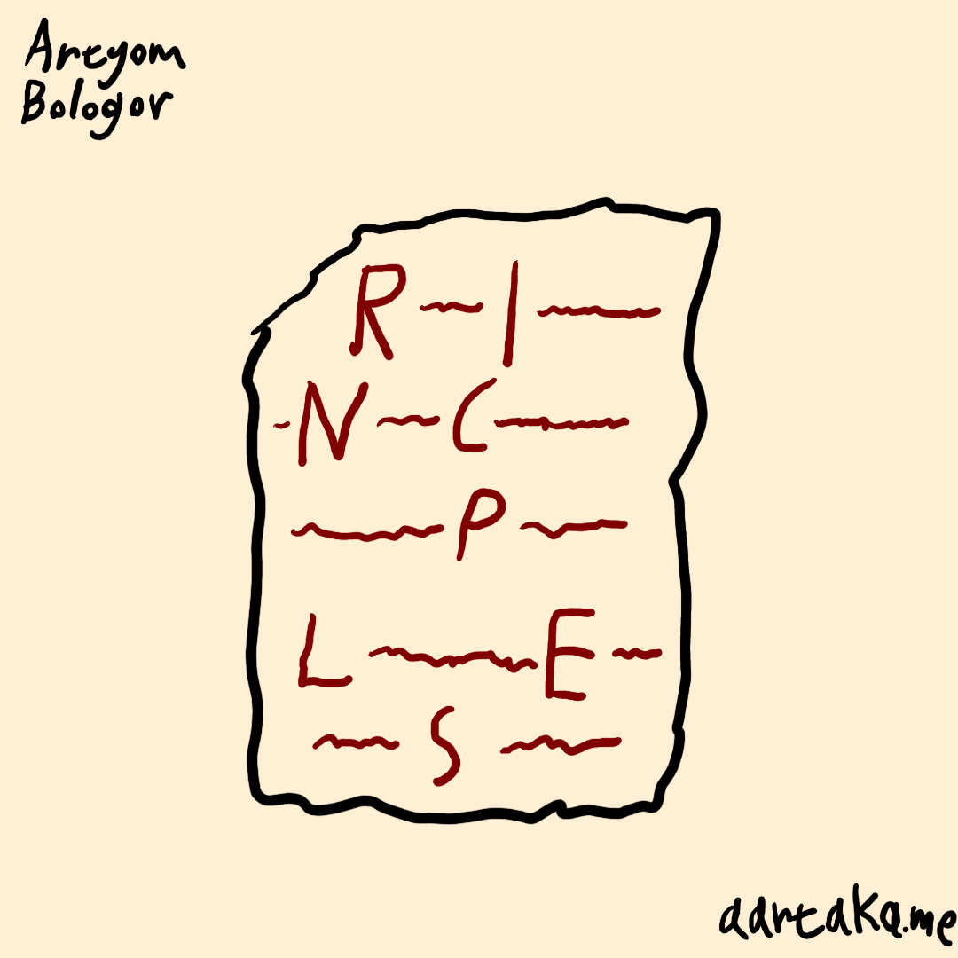 Hand-drawn digital thumbnail with a clay tabled in the center. On it, “RINCPLES” (yes, I made a typo and a broken edge of the tablet ate the first “P”) is written, interspersed among other text (unintelligible doodles.) In the corners, attributions to “aartaka.me” and “Artyom Bologov” are visible.