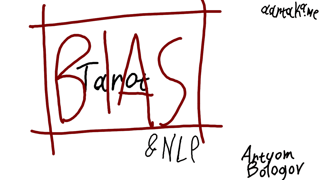 Almost monochrome and too bright of a thumbnail. in the middle, “Tarot” is written in a barely noticeable font. Over it, huge “BIAS” is written, enclosed in a frame of wiggly faded red lines. In the corners, there’s attribution to Artyom Bologov/aartaka.me