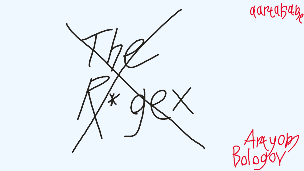 Cold colors digital thumbnail with handwritten text on it. The text in the center says “The R*gex” (meaning Regex). It’s crossed out. In the corners, there’s attribution to Artyom Bologov and aartaka.me address.