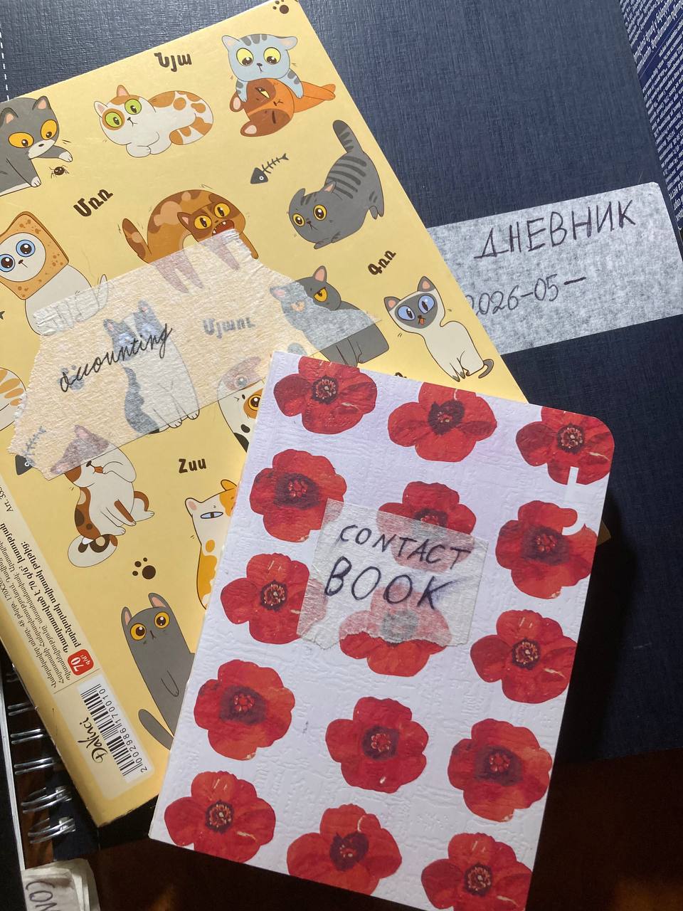 Photo of three notebooks, stacked on each other. Lowest one—plain black and spiral-bound—has a Russian label “Дневник (Diary) 2026-05–”. The one over it, A5 size, has cute cats on the cover, and a torn-off piece of paper tape with small “accounting” on it, while the third is something like A6 and has a “Contact Book” label. It has cute poppies all over it!
