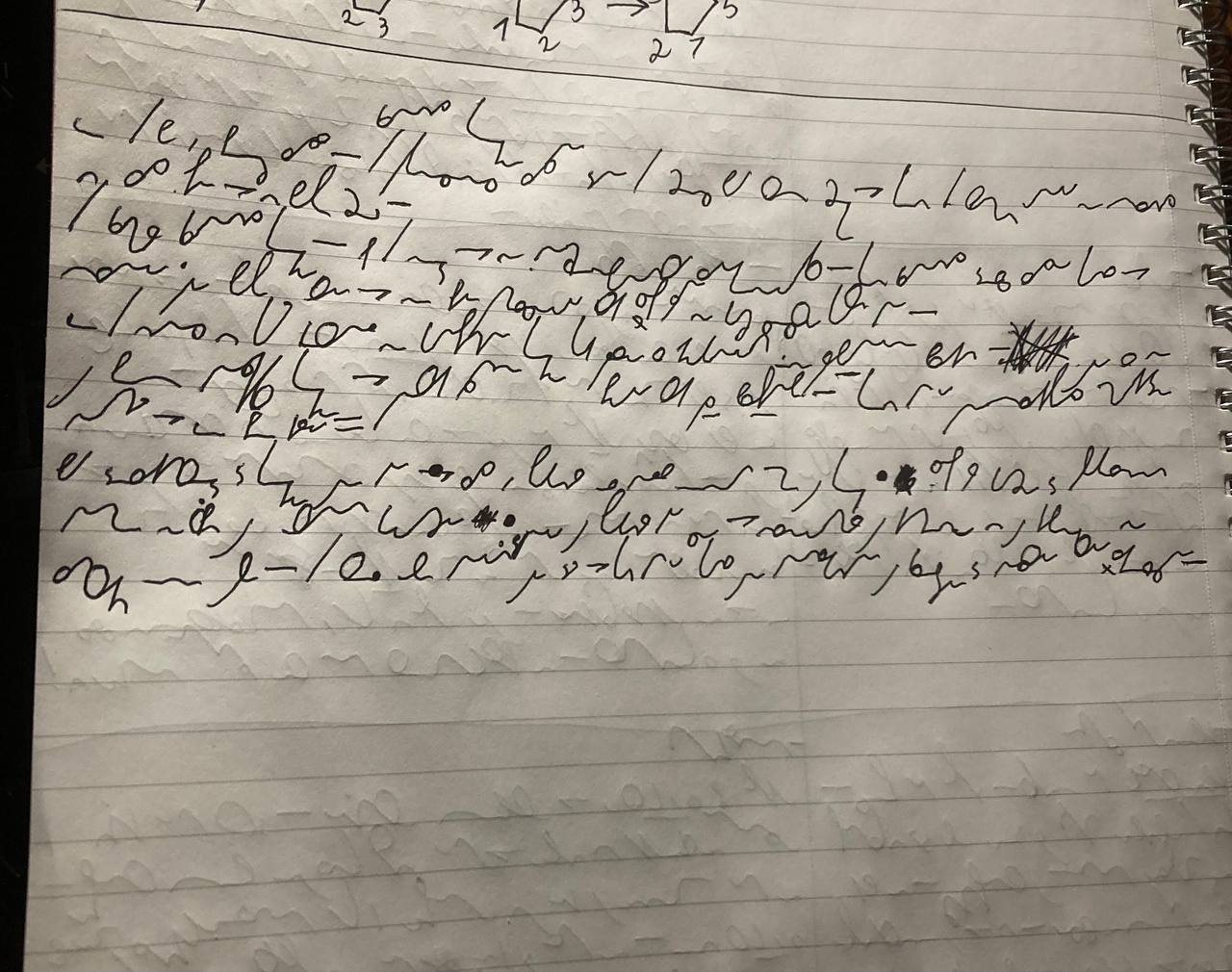 Photo of a notebook page. It has strong silhouettes of writing on the page. In black ink, there’s writing on it. It’s a GESS stenography writing, amounting to around 10 lines of really terse stenography. Some structure is apparent: there are interpunct markers for lists?